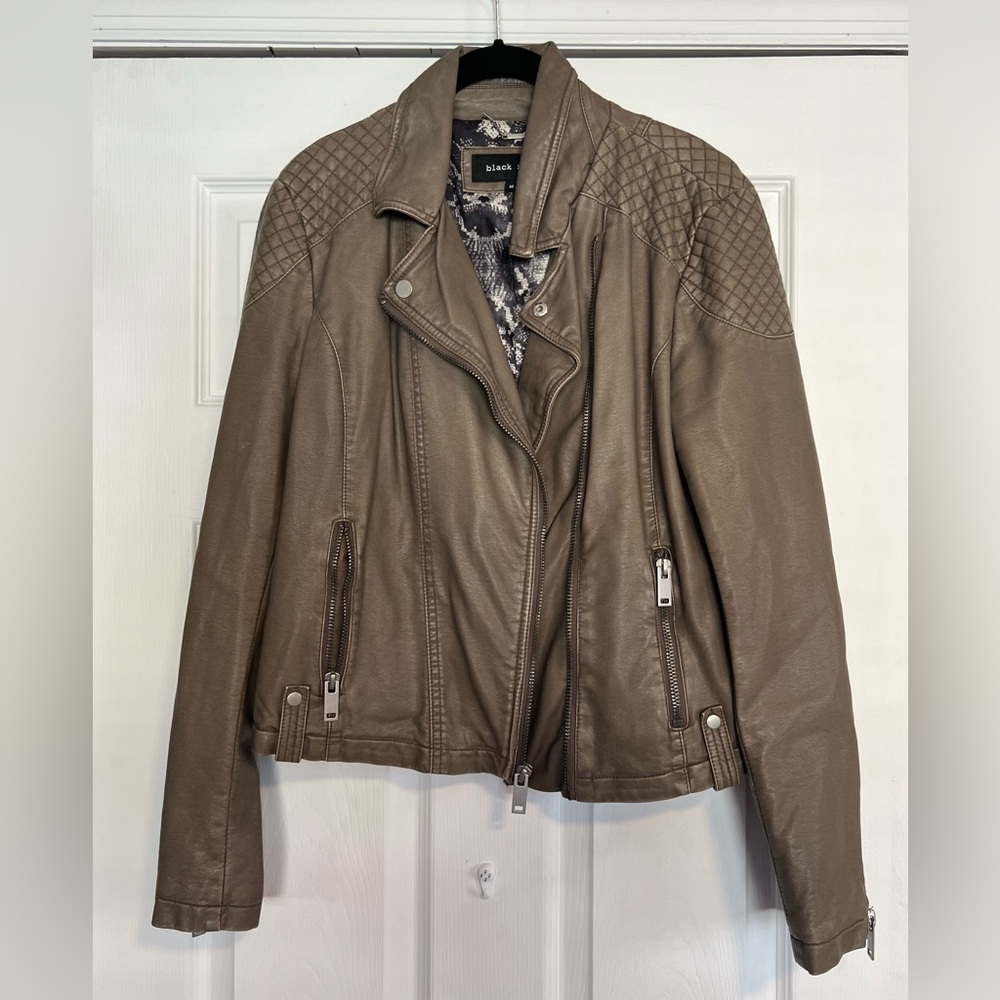 Black Rivet Taupe Leather Jacket with Quilted Shoulders